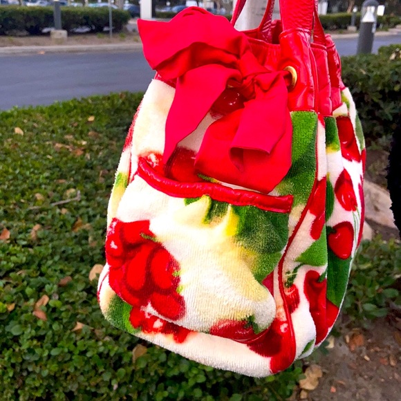 Y2K Juicy Couture CHERRY PRINT VELOUR TERRY DAYDREAMER WEEKENDER BAG CHERRIES - Picture 5 of 15